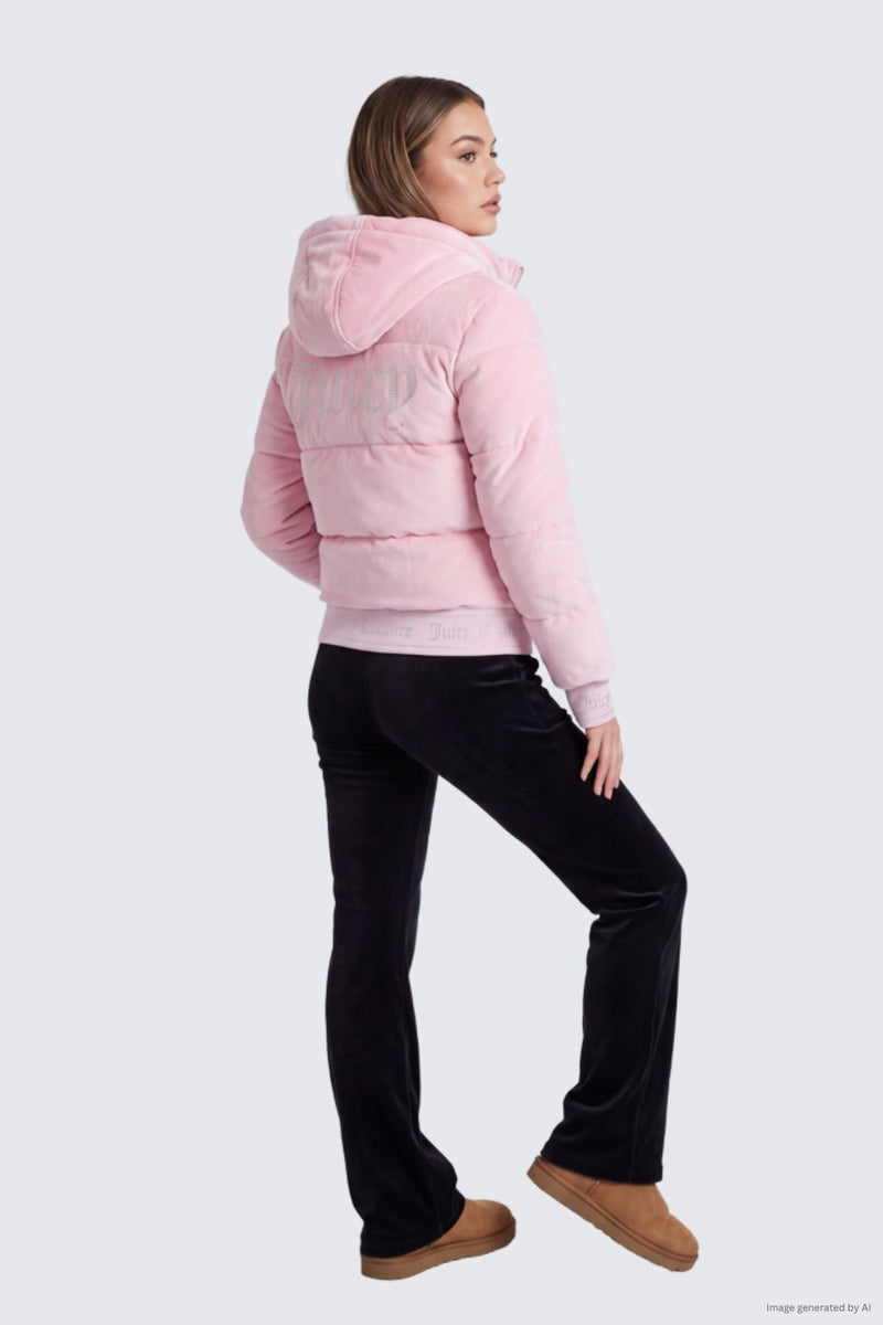 A person wearing an embellished light pink Velour Puffer Coat, black trousers, and tan slip-on shoes.