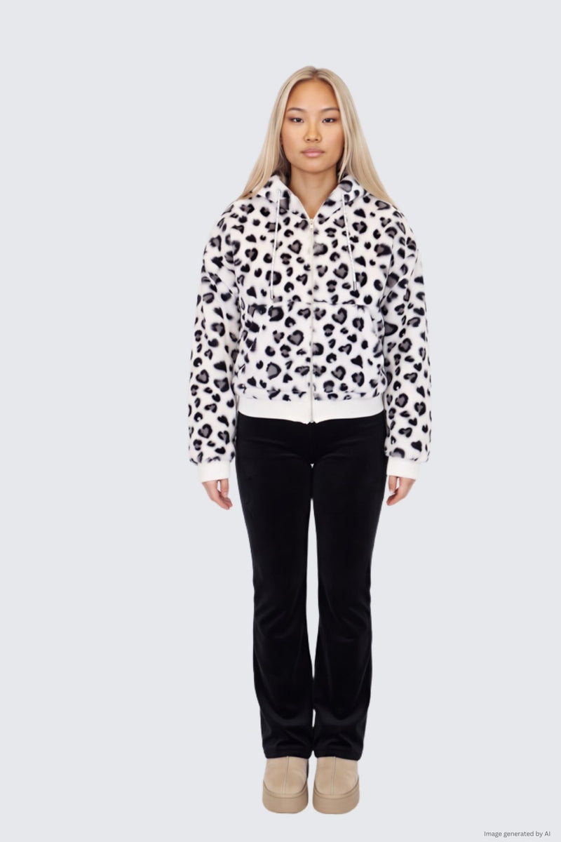 A person wearing a white and gray leopard print Fur Jacket with a hood, black pants, and tan platform shoes.