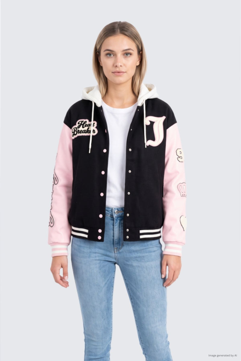 A woman wears a black Varsity Jacket with pink sleeves, a cozy fleece hood, and embroidered patches including the text Heart Breaker.