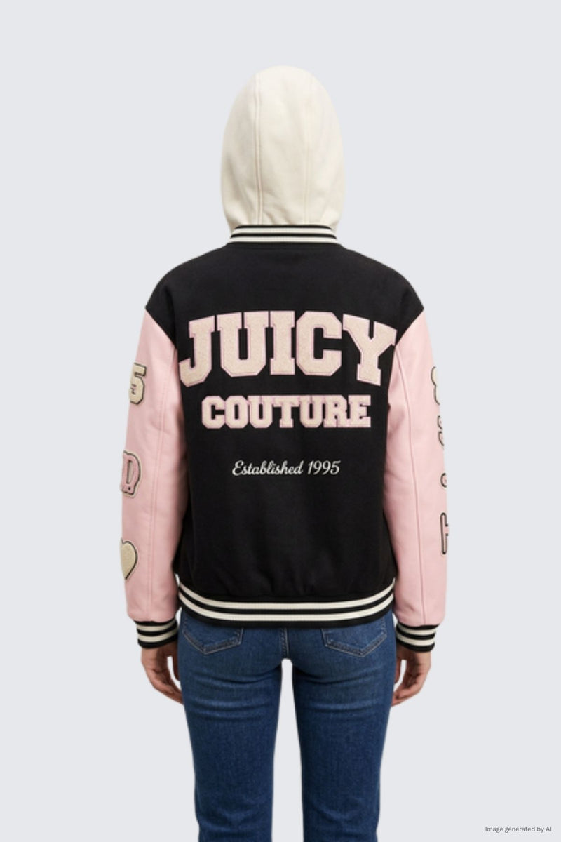 Back view of a person wearing a black and pink Varsity Jacket, featuring text and patches on the back and sleeves with an attached cozy fleece hood.