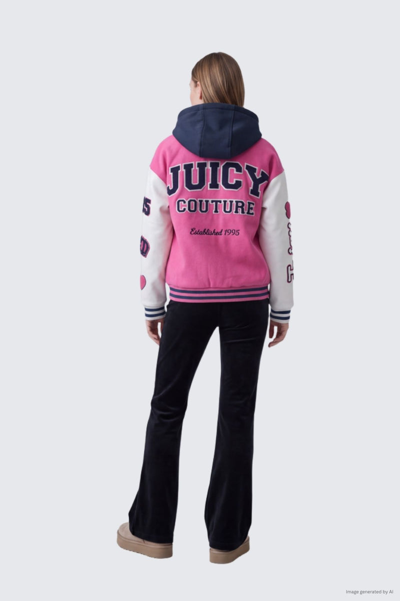 A person seen from behind wearing a pink and white Juicy Couture Varsity Jacket with a cozy fleece hood and dark trousers.