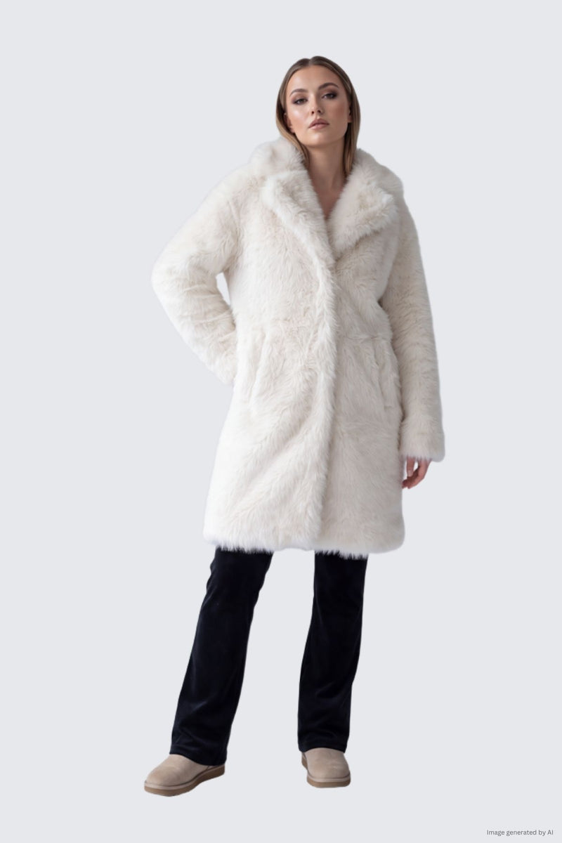 A person wearing a long-length, cream-colored Faux Fur Coat with a dramatic collar, black trousers, and tan slip-on shoes.