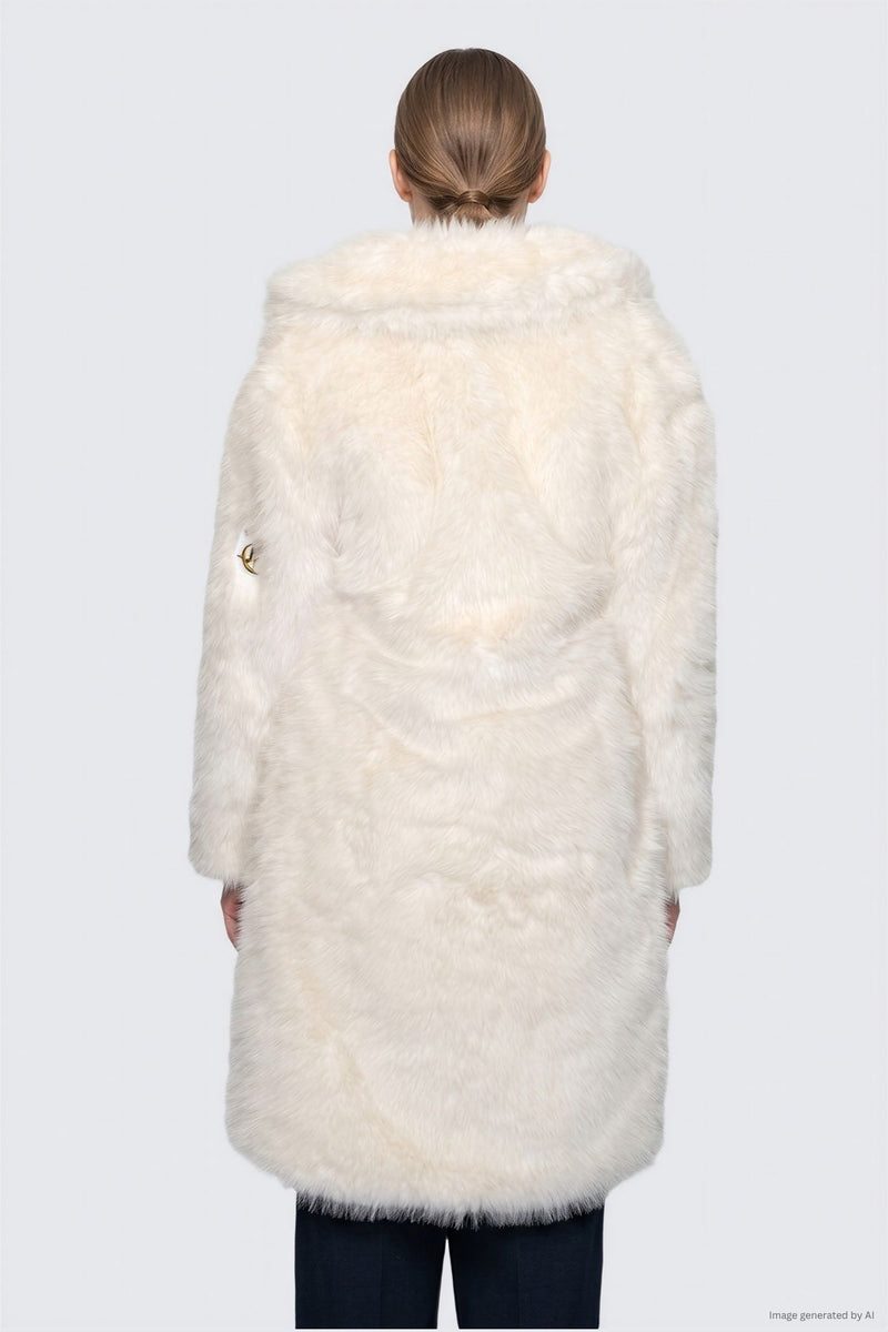 Back view of a person wearing a cream-colored Faux Fur Coat with a dramatic collar and a gold emblem on the sleeve.