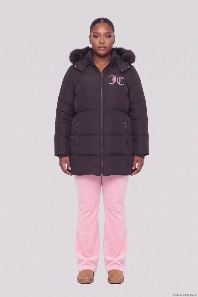 A person in a Y2K-inspired black Plus-Size Stadium Puffer Coat with a pink embroidered logo, light pink flared pants, and tan boots.