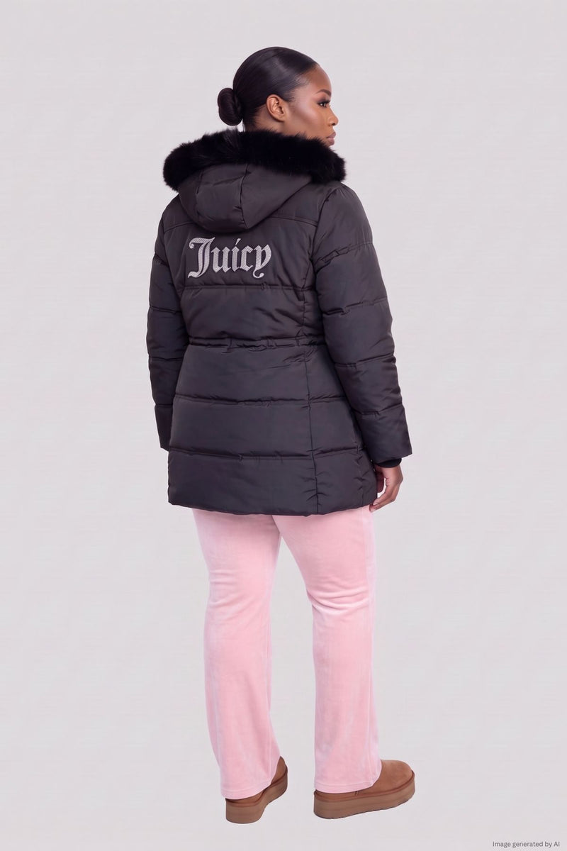 A person seen from behind wears a black Plus-Size Stadium Puffer Coat with a faux-fur trimmed hood, paired with light pink trousers and brown boots.