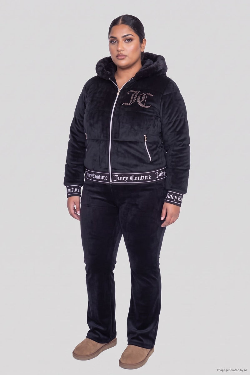 A person wearing an embellished black Velour Puffer Coat with rhinestone detailing and matching track pants featuring a branded waistband and cuffs.