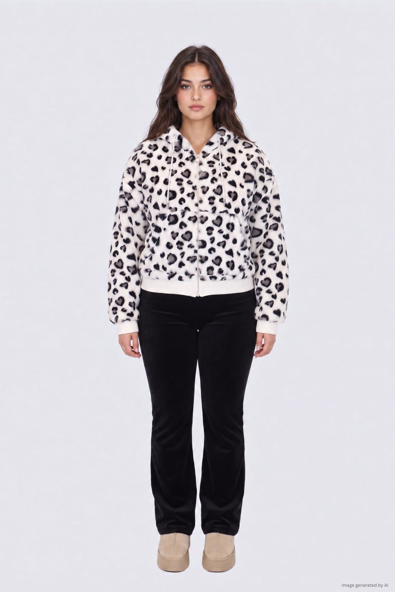 A person wears a Plus-Size Fur Jacket with a white and black leopard print, black trousers, and tan platform shoes.