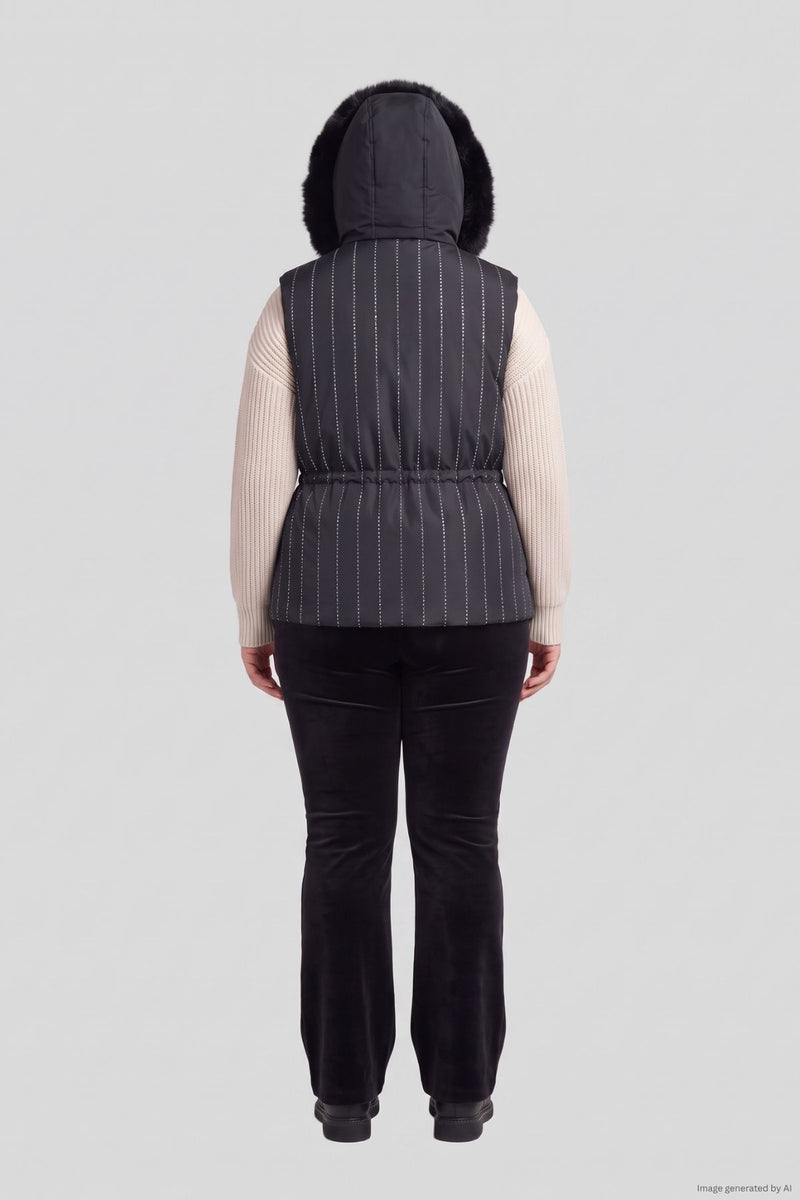Back view of a person wearing a black, white-striped Plus-Size Bling Puffer Vest with a faux fur-trimmed hood over a cream-colored sweater and black pants.