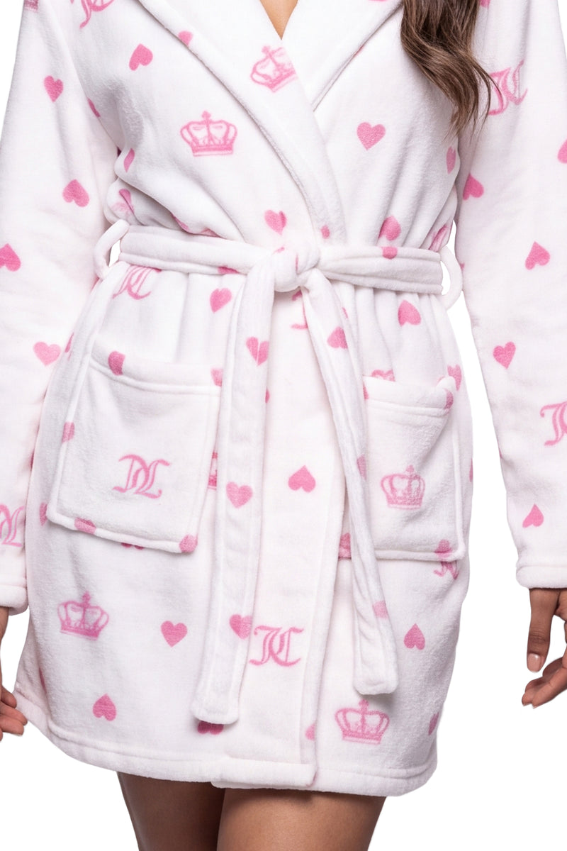 White Hooded Luxe Plush Robe featuring a repeating pattern of pink hearts, crowns, and monograms, with a tie waist and two front pockets.