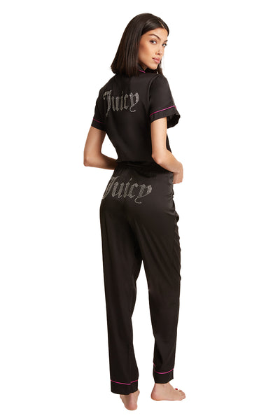 Short Sleeve Satin Collar PJ Set in Black Juicy Couture