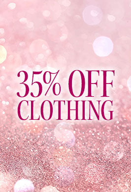 Promotional text '35% OFF CLOTHING' on a pink glittery background