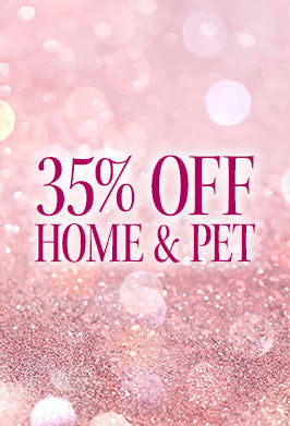Promotional text '35% OFF HOME & PET' on a pink glittery background