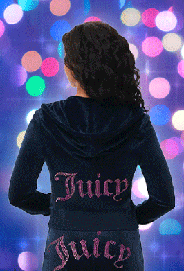 GIF of women in white, black, pink, and navy Juicy Couture tracksuits against a sparkling colorful background