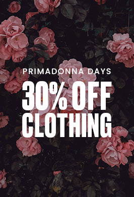 Promotional graphic with pink flowers and 'Primadonna Days: 30% off clothing' text overlay.