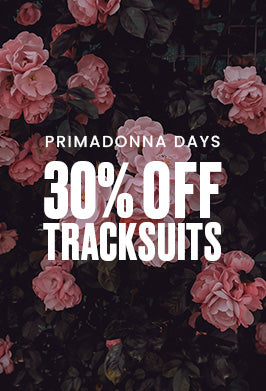 Promotional graphic with pink flowers and 'Primadonna Days: 30% off tracksuits' text overlay.