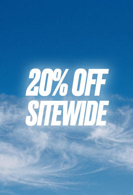 Promotional text '20% OFF SITEWIDE' on a blue sky background with clouds.