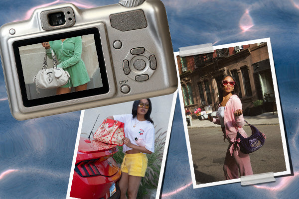 Digital camera displaying a photo of a woman in a green dress with white bag, collaged with two additional photos of women in different outfits on a blue water background.