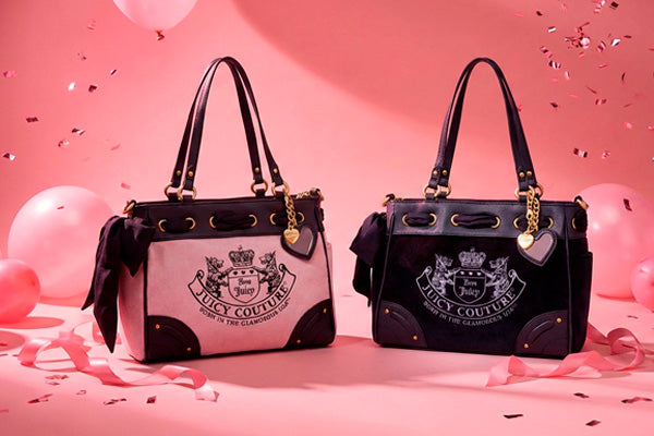 Two handbags with a visible brand logo on a pink background with balloons and confetti.