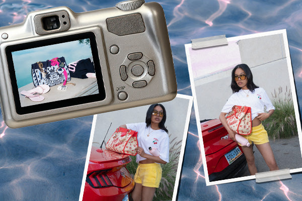 Digital camera displaying a picture of a handbag on screen with a collage of a woman holding a bag and standing by a car.