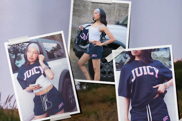 Collage of a person wearing navy Juicy Couture t-shirt and shorts set with a car and grassy area in the background.