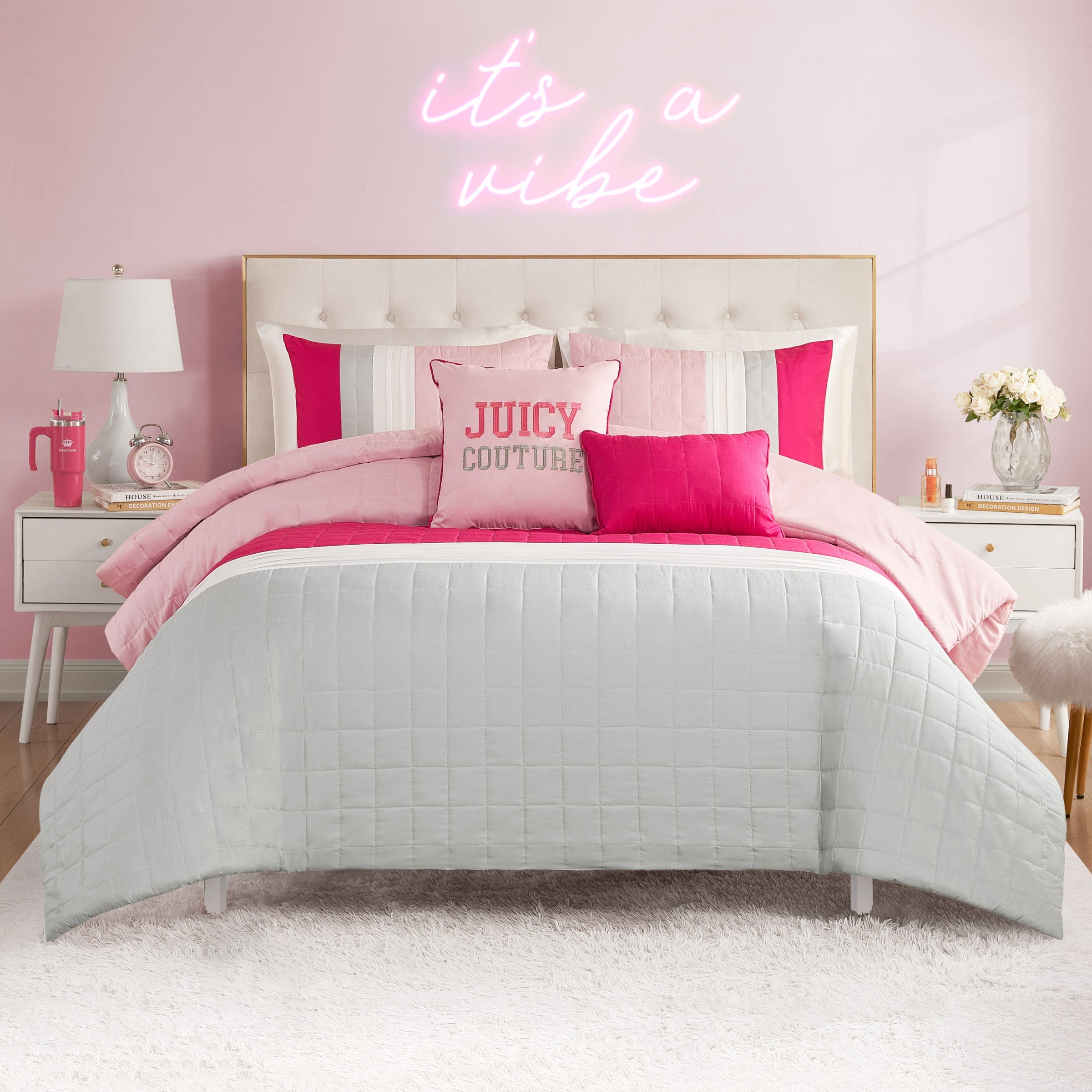 Color Blocked Pieced Comforter Set - Pink/White/Grey - Juicy Couture