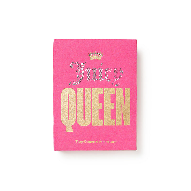 Introducing the Juicy Couture x Printworks Jewelry Box: a pink, book-shaped accessory adorned with JUICY QUEEN in sparkling gold letters and embellished with a delicate gold crown. This chic jewelry box not only keeps your treasures safe but also serves as a bold statement piece. The Juicy Couture and Printworks logos are featured at the bottom for an extra touch of style.