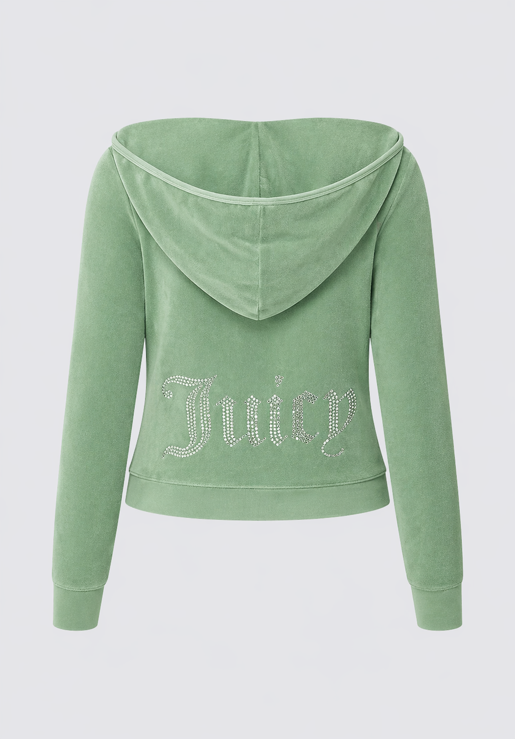 The Big Bling Washed Terry Hoodie is shown from the back in light green terry, featuring a hood and “Juicy” in sparkling rhinestones across the lower back.