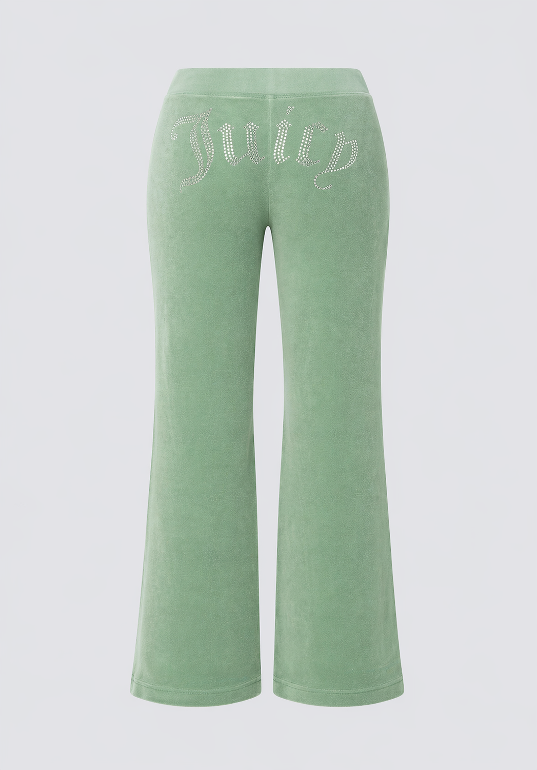 The Big Bling Washed Terry Track Pants feature green velour fabric, flared legs, and a sparkling rhinestone "Juicy" logo across the back waistband, shown here from the back.