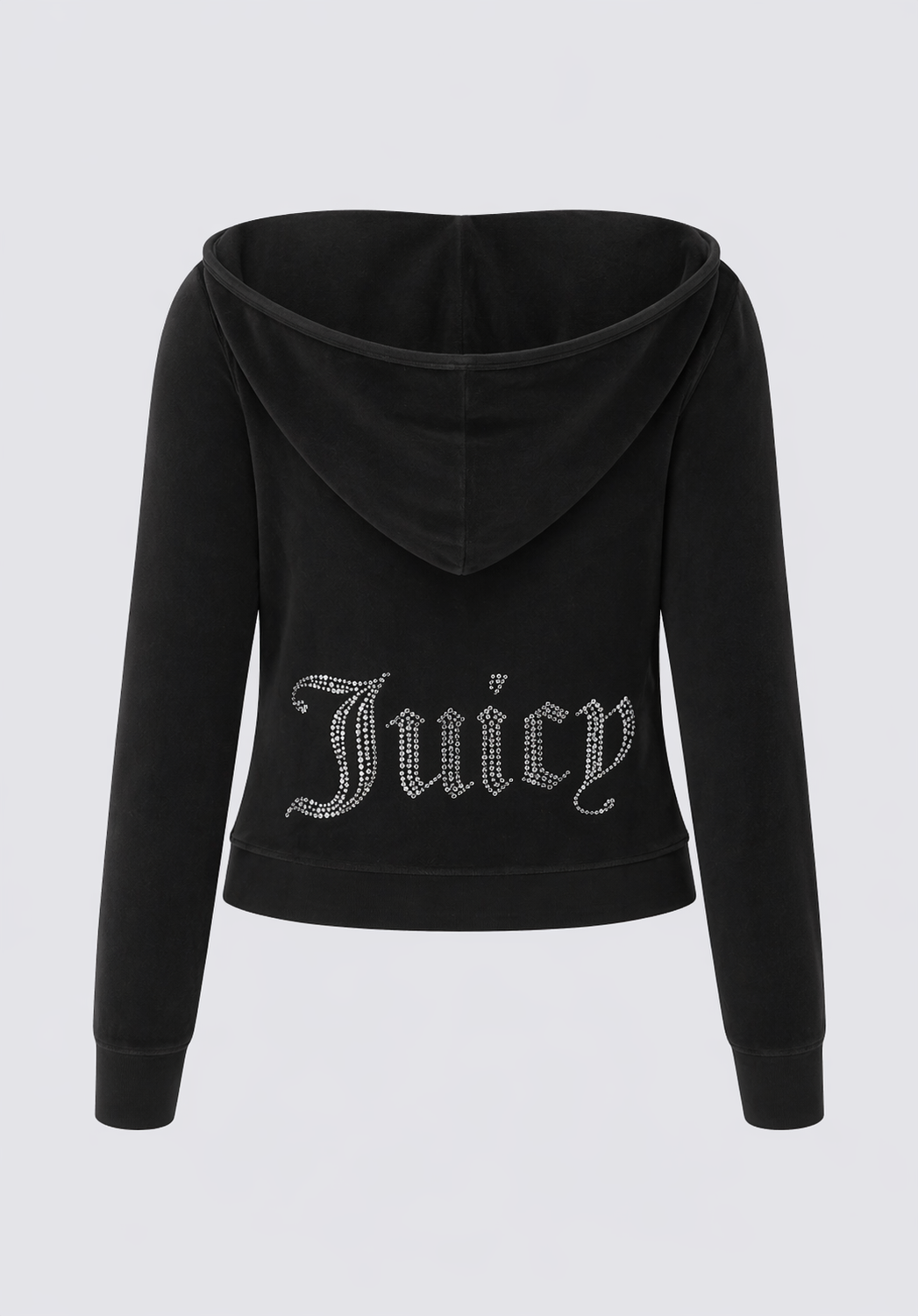 The Big Bling Washed Terry Hoodie is a black hoodie with a large hood, long sleeves, and a sparkling rhinestone "Juicy" logo across the back.