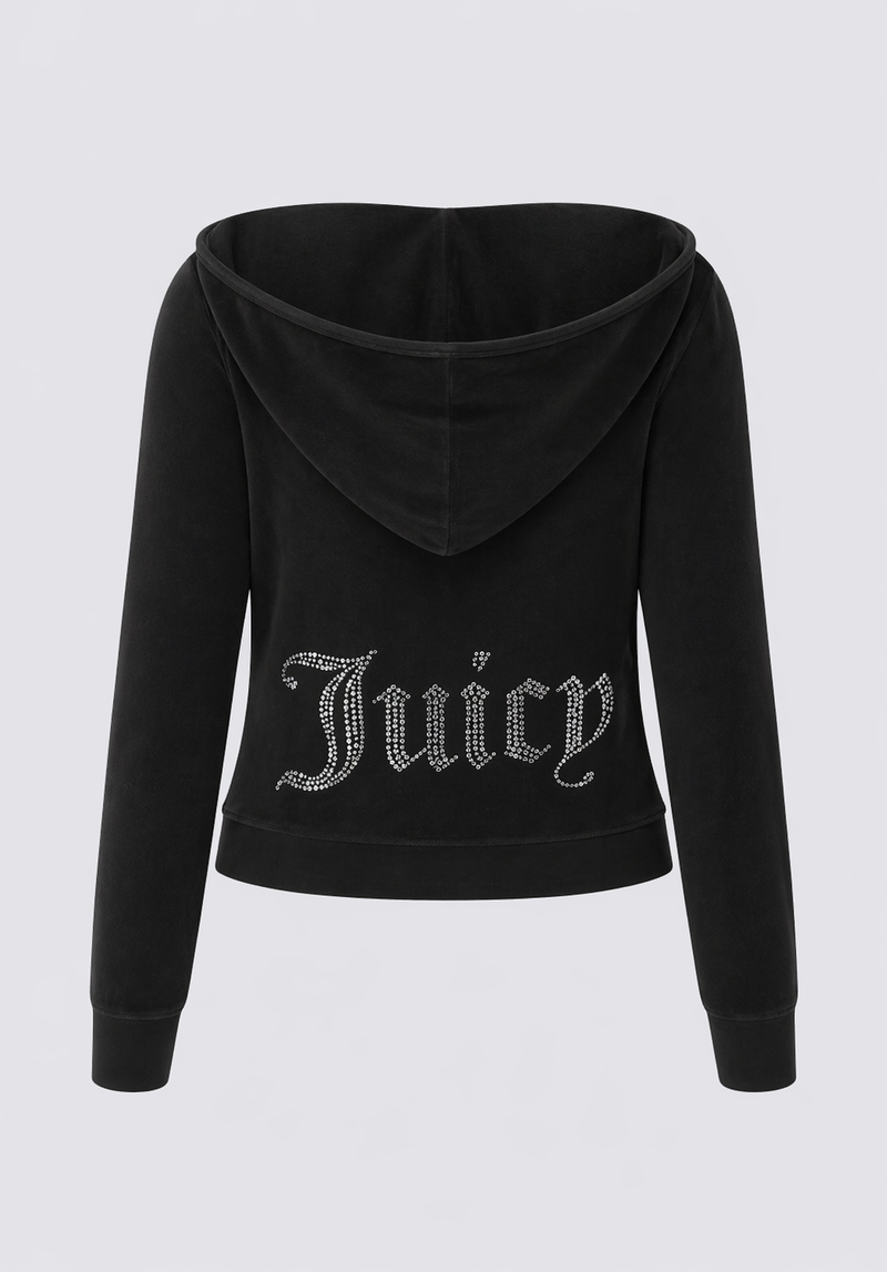 The Big Bling Washed Terry Hoodie is a black hoodie with a large hood, long sleeves, and a sparkling rhinestone "Juicy" logo across the back.