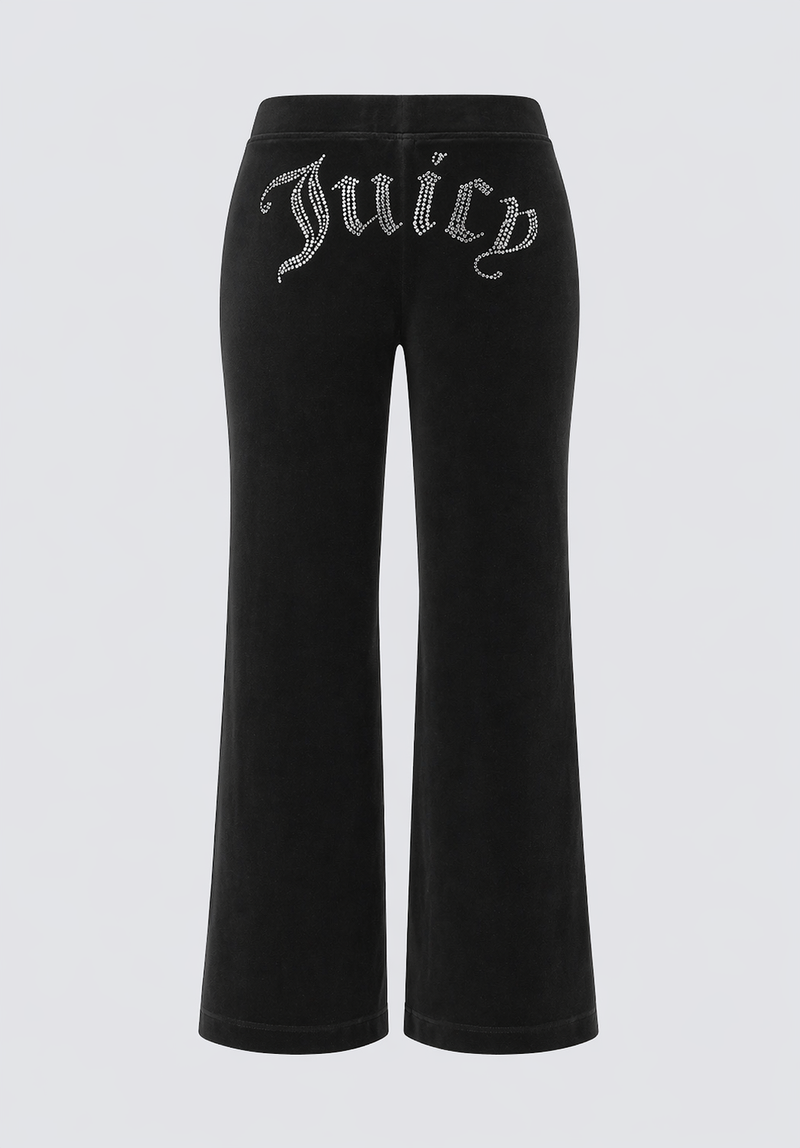 The Big Bling Washed Terry Track Pants feature flared legs and a rhinestone Juicy logo across the back waistband, adding a touch of beach-chic style.