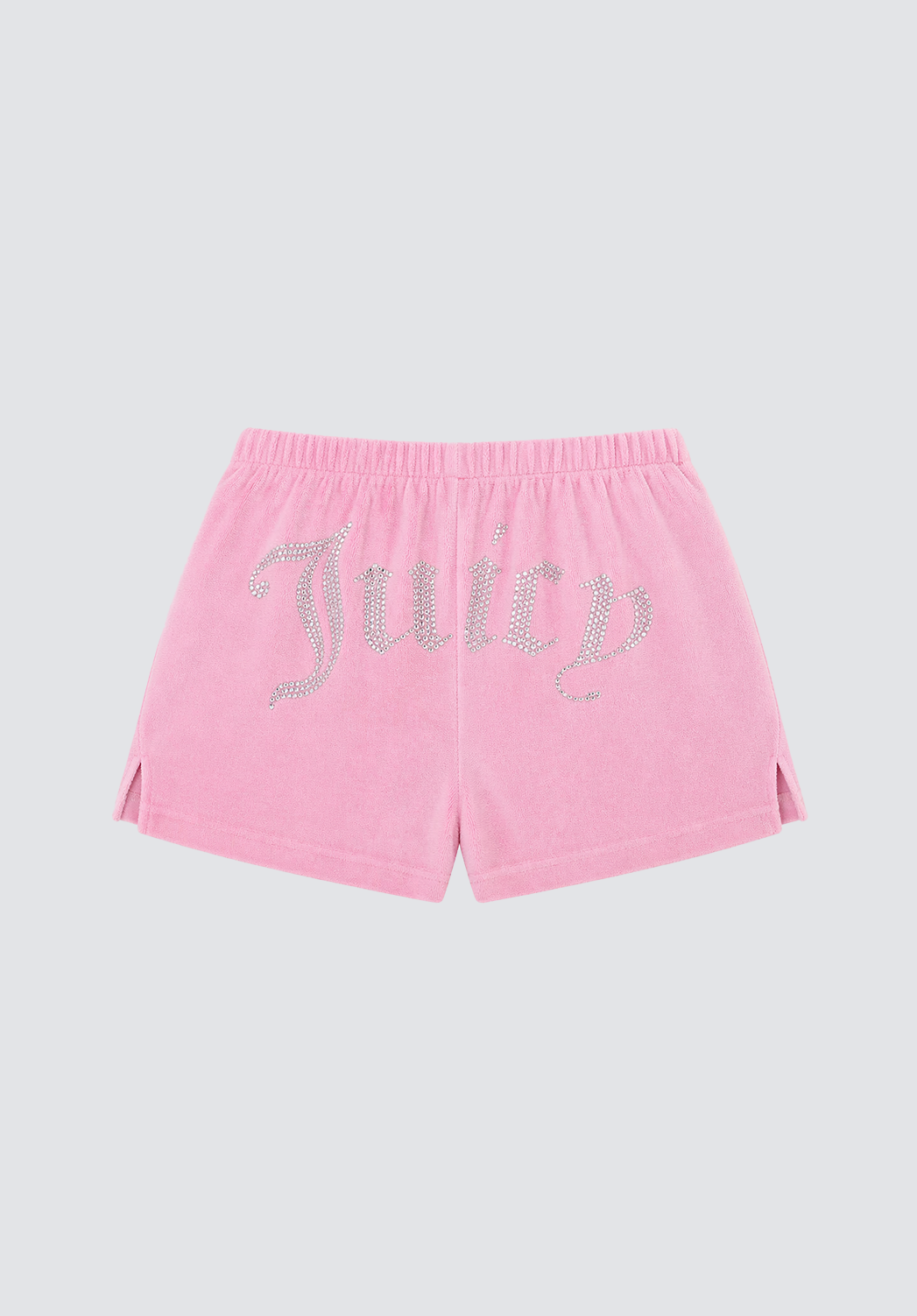 Big Bling Washed Terry Shorts—pink velour terry with drawstring waistband, side slits, and “Juicy” in silver rhinestones on the back.