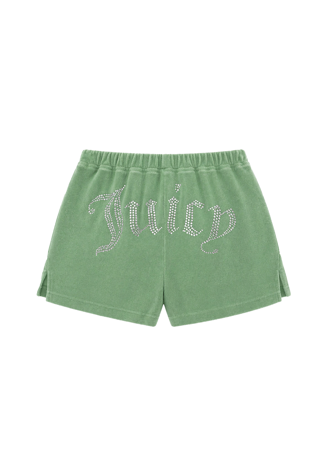 Big Bling Washed Terry Shorts feature green velour terry fabric, an elastic waistband, and the iconic Juicy logo adorned with rhinestones across the back.
