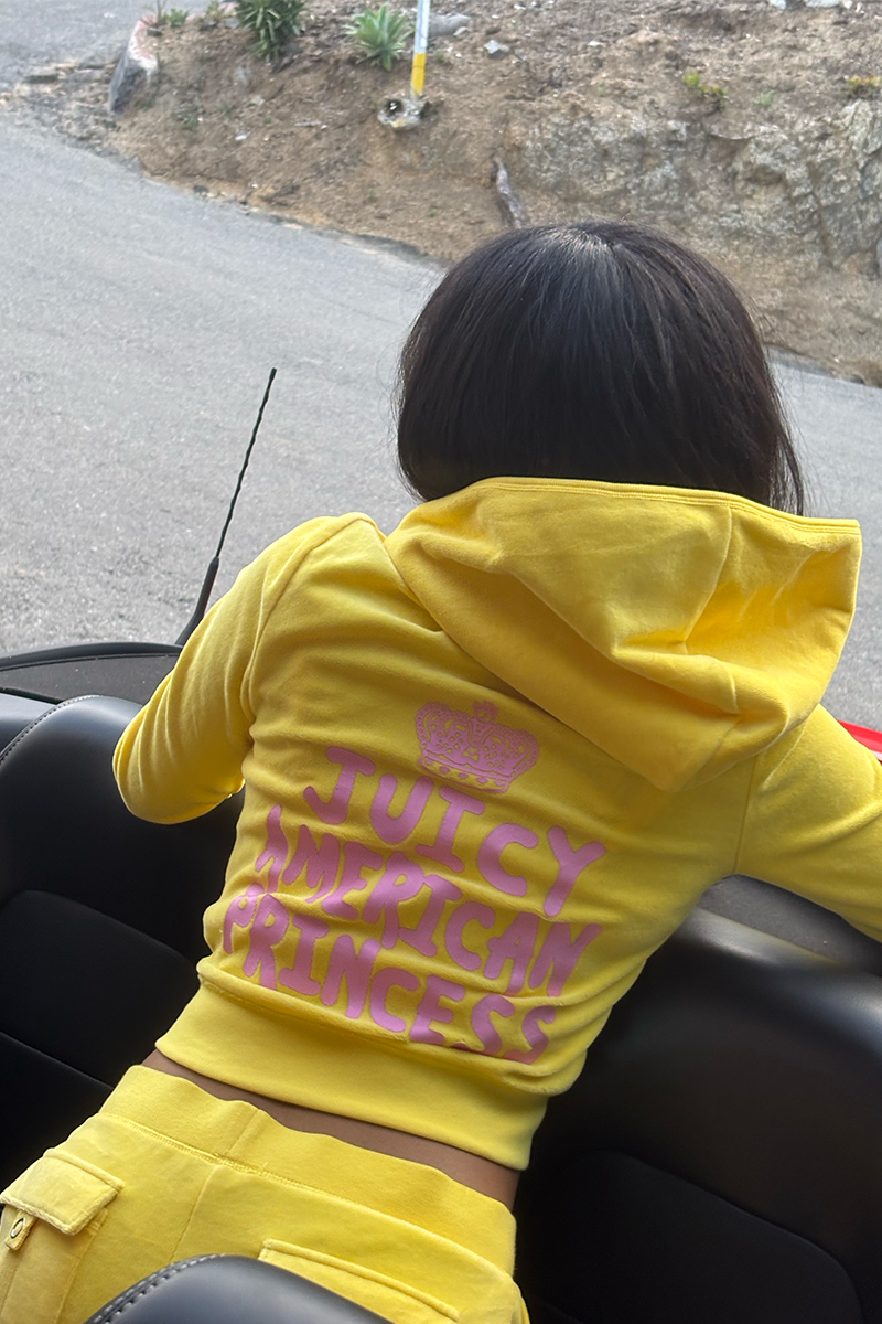 A person with straight dark hair, wearing the bright yellow American Princess Heritage Hoodie featuring a pink “Juicy American Princess” and crown logo on the back, leans over a car seat by the roadside, looking away.