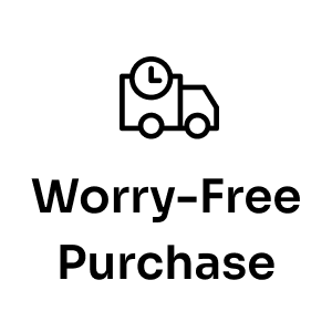 A line drawing of a delivery truck with a clock above it, above the bold text Worry-Free Purchase, highlights protection and purchase coverage for your order.
