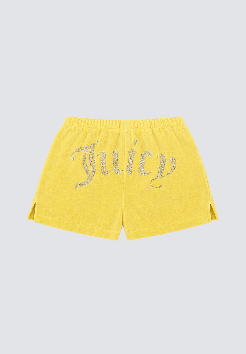 The Big Bling Washed Terry Shorts are bright yellow, vintage-inspired shorts in soft terry with an elastic waistband, side slits, and a bold rhinestone Juicy logo sparkling on the front.