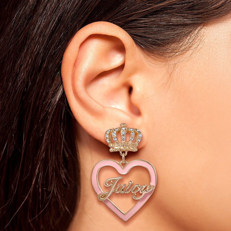 Crown & Pink Heart Drop Earrings