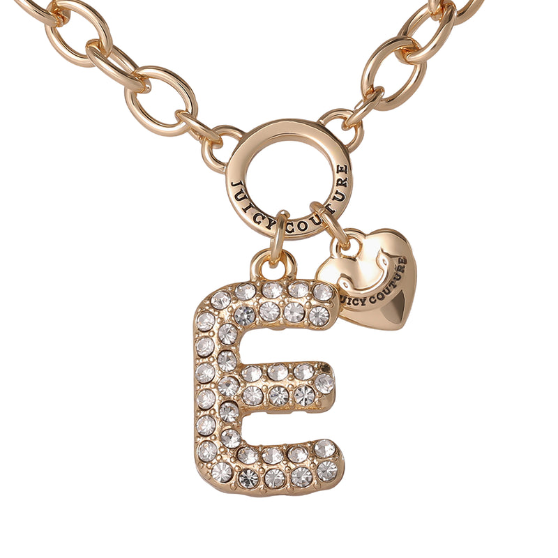 Bubble Initial Necklace, Letter E: This gold chain necklace features a bold, rhinestone-encrusted bubble letter E pendant, paired with a petite heart charm engraved with Juicy Couture—an ideal piece for infusing your personalized jewelry collection with Y2K flair.