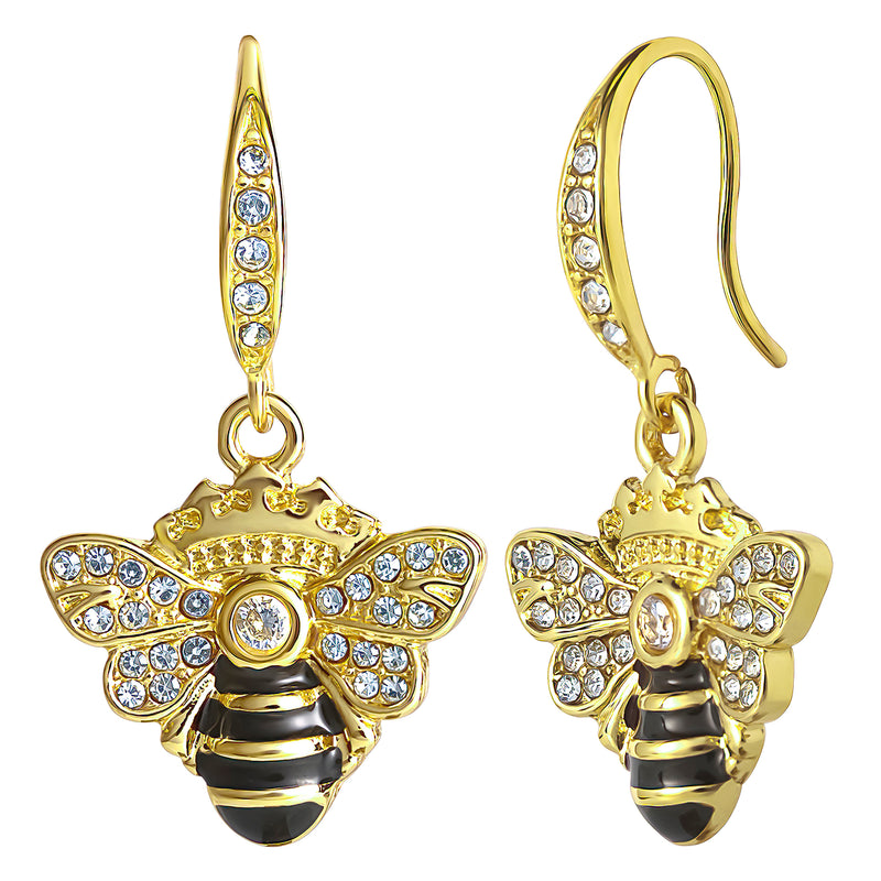 Rhinestone and Black Enamel Bee Earrings featuring gold bee-shaped designs with black stripes, sparkling rhinestones on the wings and crown, and a curved hook—these stunning statement earrings add queen bee jewelry flair to any look. Displayed on a white background.