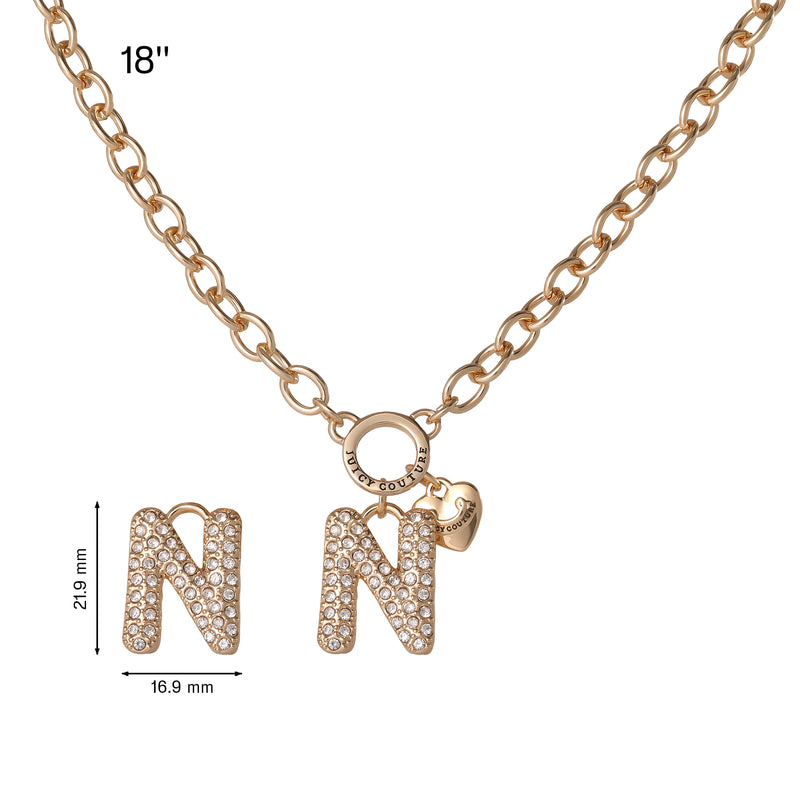 Bubble Initial Necklace, Letter N: A gold chain necklace featuring a heart charm and two crystal-studded letter N pendants, inspired by iconic Y2K jewelry trends. This playful piece captures nostalgic style reminiscent of classic Juicy Couture necklaces. Pendant measures 21.9 mm x 16.9 mm; chain length is 18 inches.