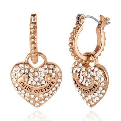 Heart Charm Hoop Earrings with Crystal Accents - Goldtone - Juicy Couture