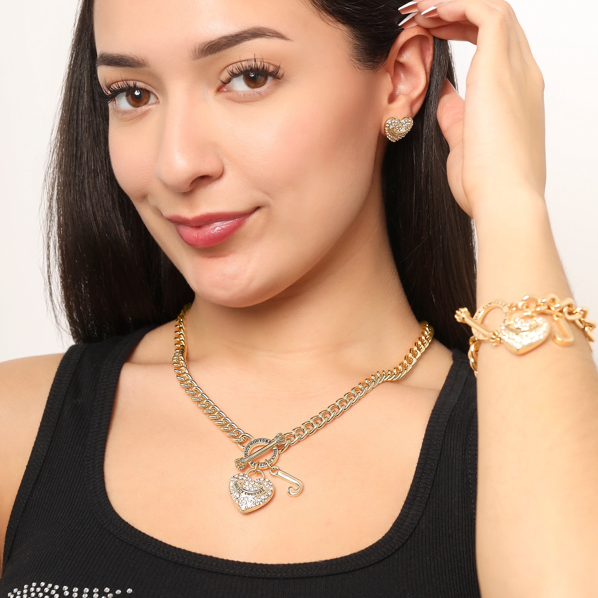 Goldtone Heart and Juicy Toggle Charm Necklace - Juicy Couture
