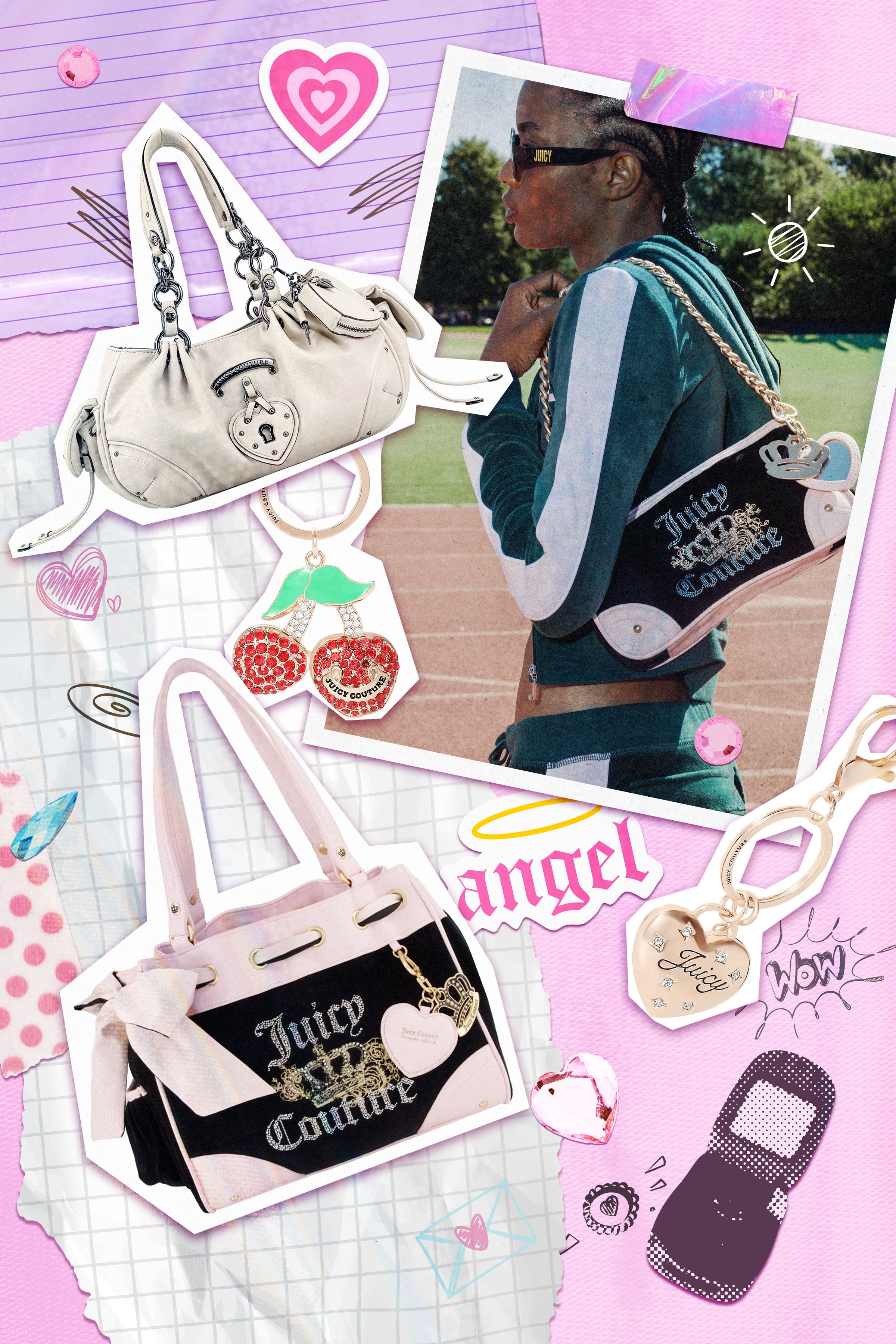 A collage-style promotional graphic featuring multiple handbags, charms, and a lifestyle inset photo of a woman outdoors carrying a bag. The central product emphasis is a black and white handbag with 'Juicy Couture' text, plus other bags in white, pink, and purple, along with decorative stickers and a pink background.