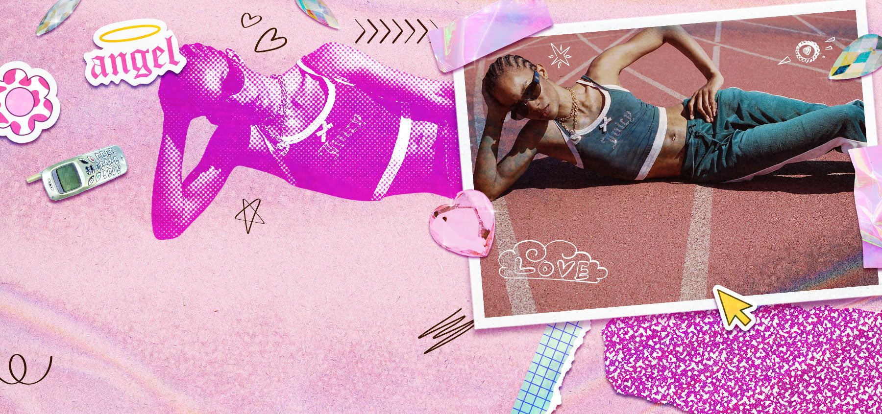 A pink-themed collage featuring a woman lying on a track field in a denim crop top and jeans, alongside a stylized pink silhouette, decorative doodles, torn paper, and a phone.