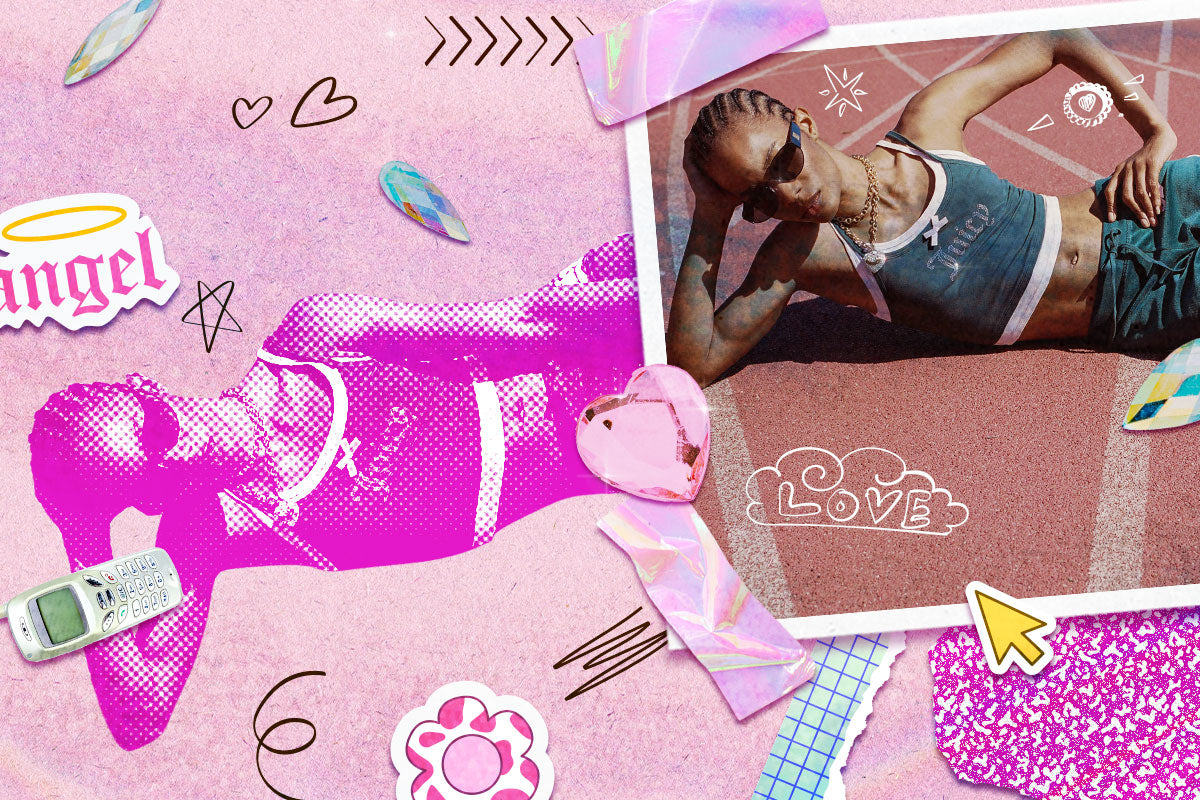 A stylized collage featuring a woman in a green sports bra and shorts lounging on a pink surface, alongside a large pink halftone figure, stickers, hearts, decorative doodles, and a photo border with the word LOVE.
