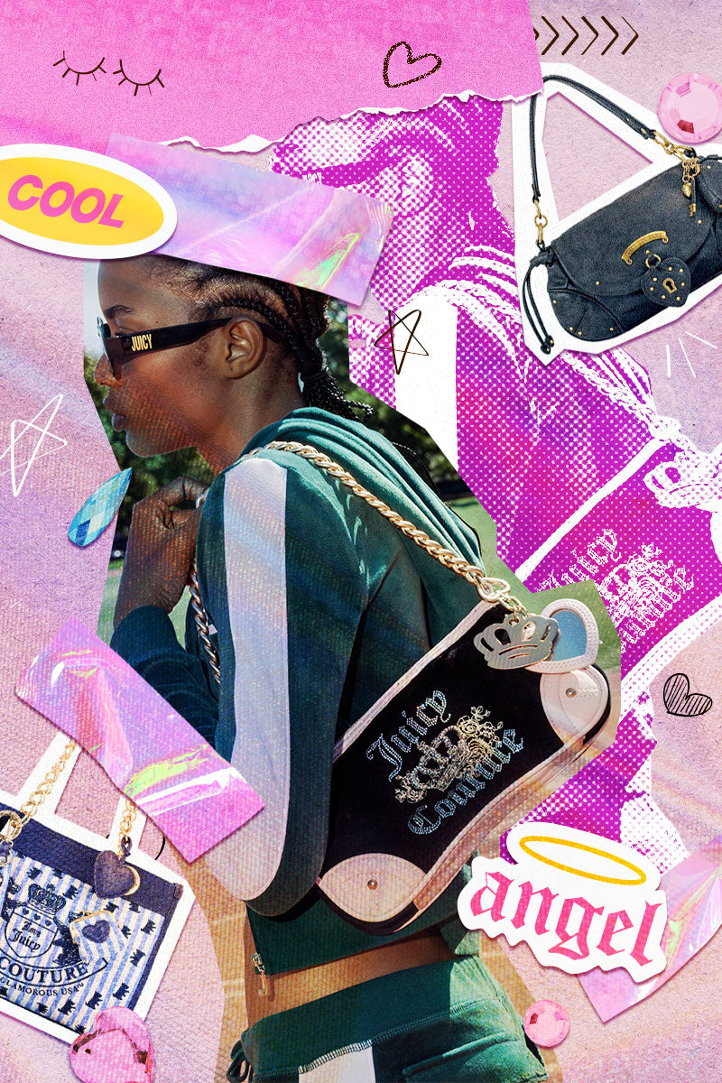 A stylized collage featuring a woman in profile wearing Juicy Couture outfit, including a green and white striped top and a black shoulder bag with 'Juicy Couture' text. The background is a vibrant pink collage with torn paper elements, hearts, stars, and other fashion accessories.