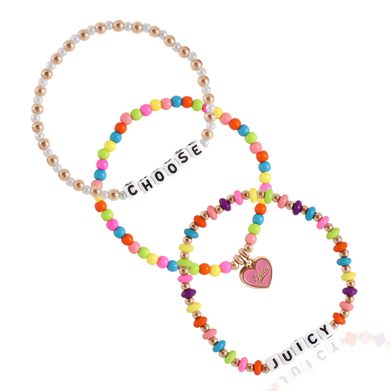 Kids Choose Juicy Heart Charm 3 Piece Stretch Beaded Bracelet Set