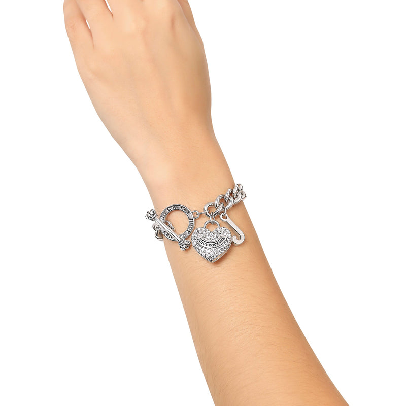 Crystal Heart Charm Toggle Bracelet - Silvertone - Juicy Couture