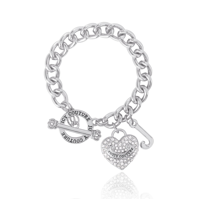 Crystal Heart Charm Toggle Bracelet - Silvertone - Juicy Couture