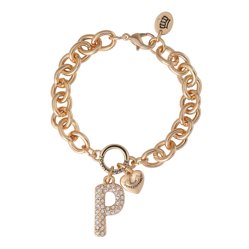 The Pavé Initial Charm Bracelet, Letter P by Juicy Couture features a bold gold chunky design adorned with a large, crystal-studded letter “P” charm, a petite gold heart charm, and a round logo tag—all beautifully displayed on a crisp white background. An ideal choice for anyone who loves charm jewelry.